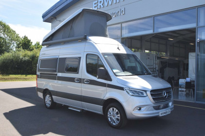 Front view of HYMER Grand Canyon S parked outside Travelworld motorhomes showroom in Stafford