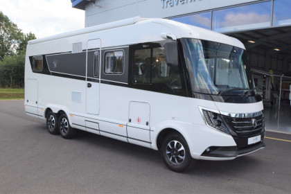 Front view of Niesmann+Bischoff Arto 79E parked outside Travelworld motorhomes showroom in Stafford
