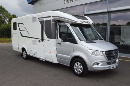 Front view of HYMER B-Class MasterLine parked outside Travelworld motorhomes showroom