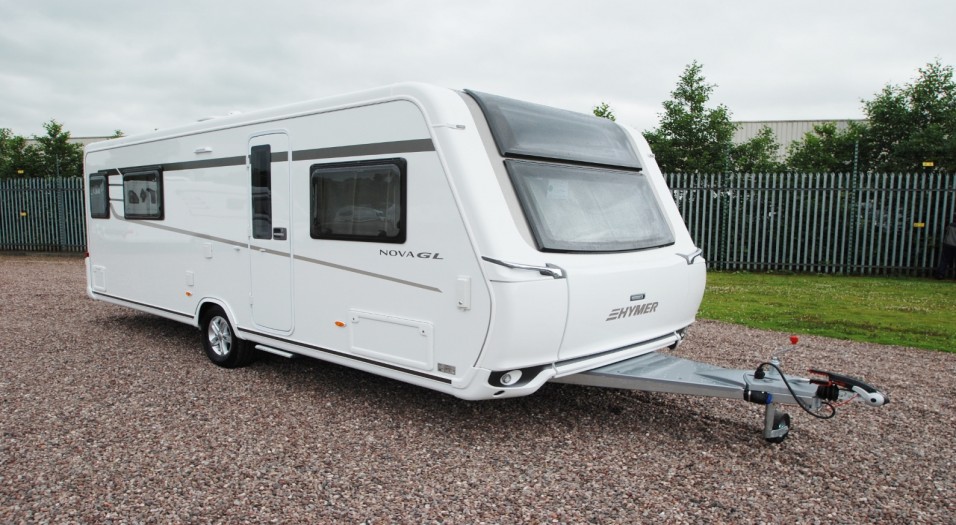 Hymer caravan parked outside Travelworld showroom