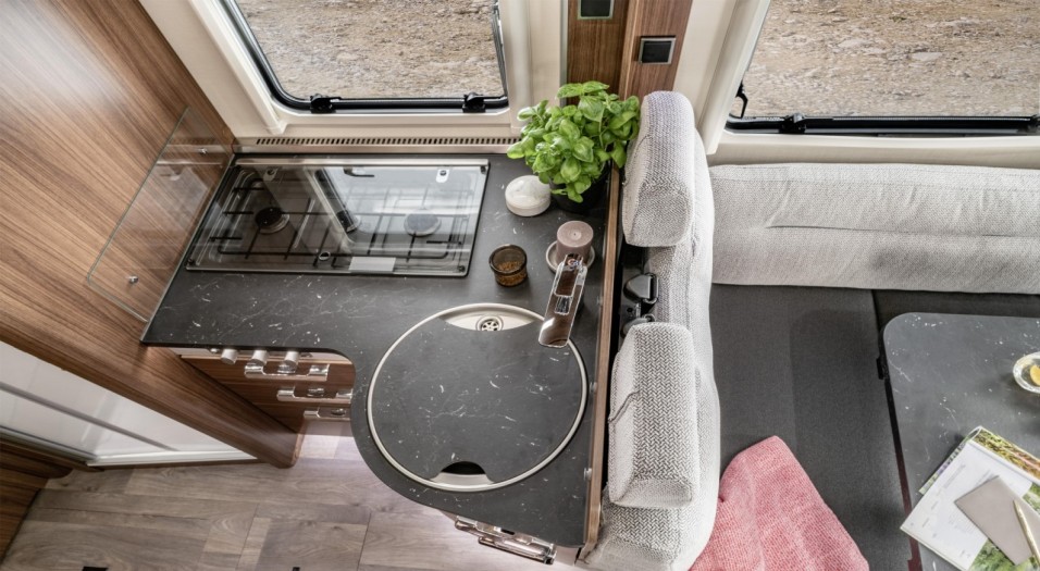 Hymer B Class kitchen and lounge area