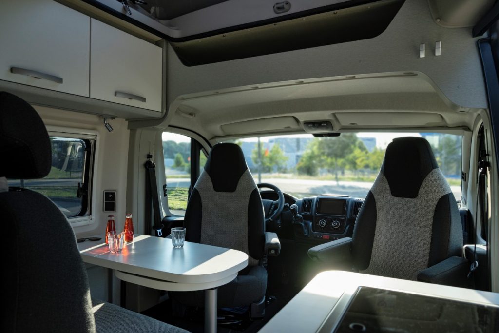 Camper Van Free 540 Blue Evolution Lounge Area and Cockpit