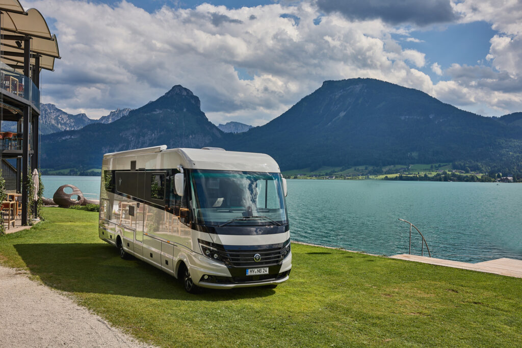 Niesmann+Bischoff Flair parked infront of sea